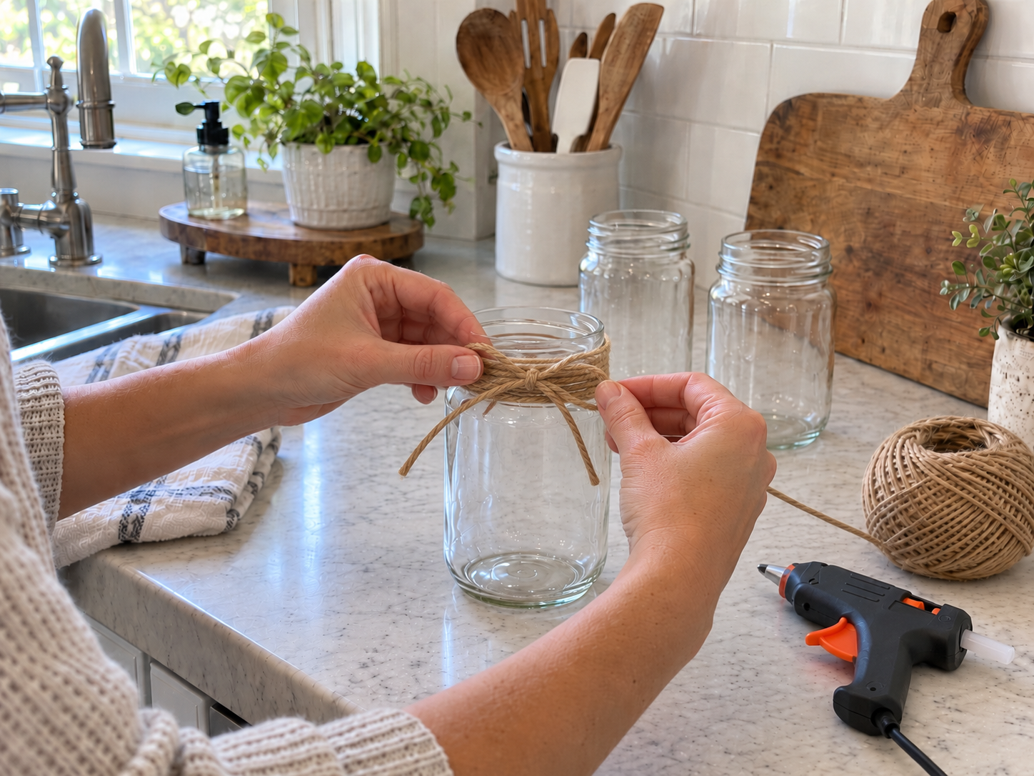 DIY Jute Twine Mason Jar Organizers for Rustic Kitchen Counters, step 4: Tie a Decorative Bow