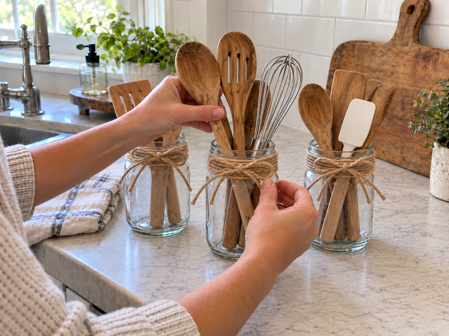 DIY Jute Twine Mason Jar Organizers for Rustic Kitchen Counters, step 5: Fill and Display