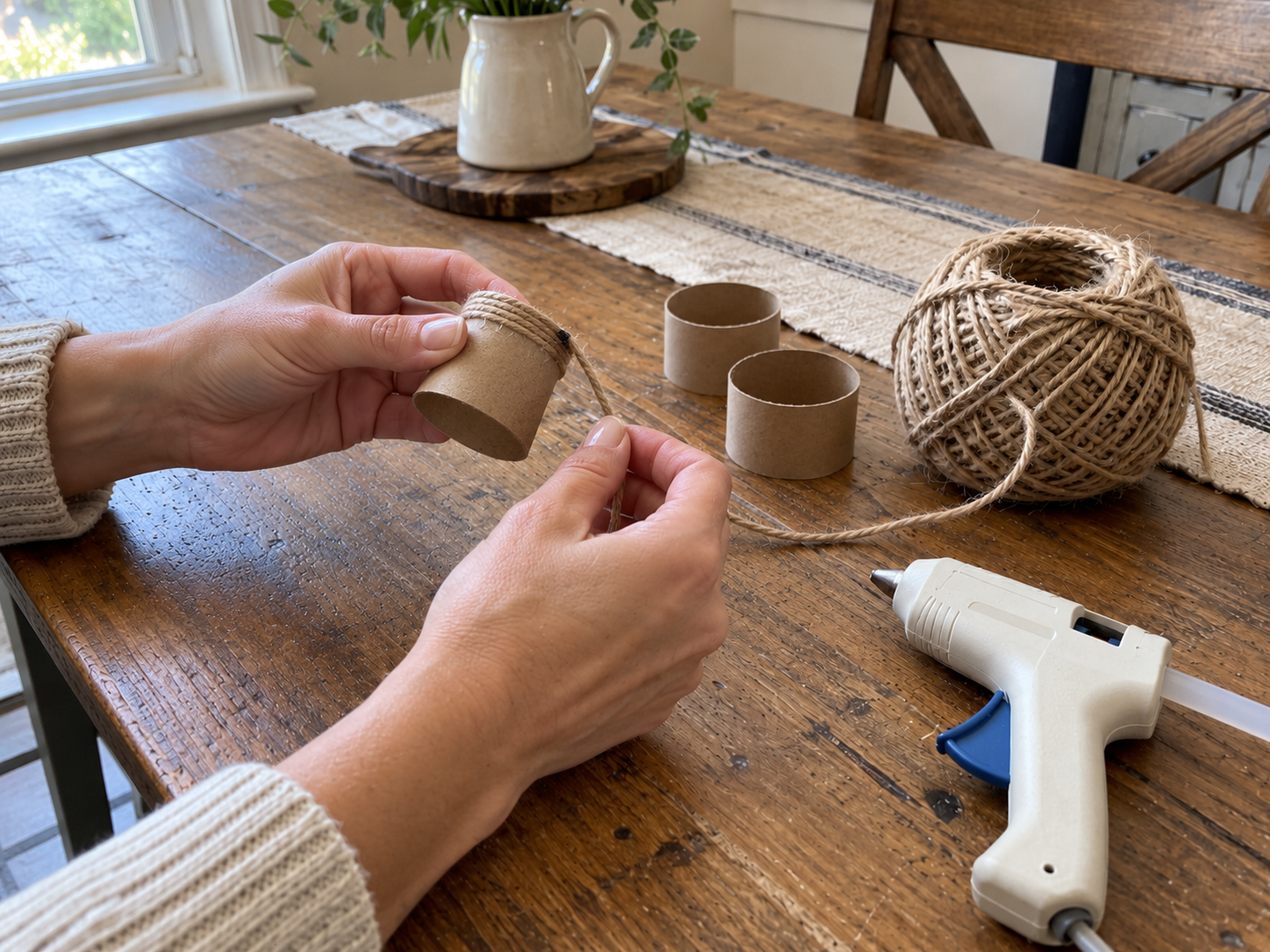 DIY Jute Twine Napkin Rings with Burlap Bows for Rustic Table Settings, step 2: Anchor Jute Twine to Ring