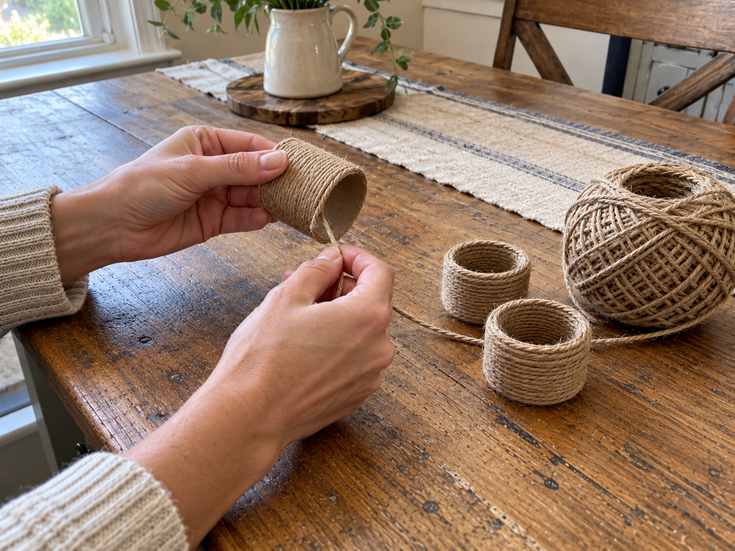 DIY Jute Twine Napkin Rings with Burlap Bows for Rustic Table Settings, step 3: Wrap Rings with Jute Twine