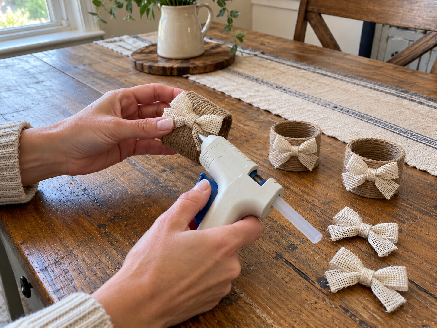 DIY Jute Twine Napkin Rings with Burlap Bows for Rustic Table Settings, step 4: Create and Attach Burlap Bows