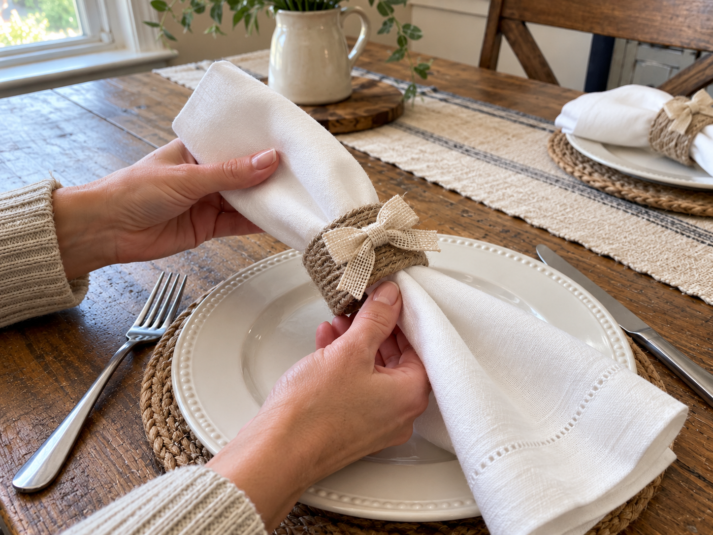 DIY Jute Twine Napkin Rings with Burlap Bows for Rustic Table Settings, step 5: Prepare and Display Napkins