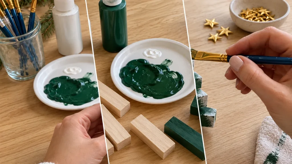 DIY Mini Jenga Block Christmas Trees for a Snowy Mantel Display