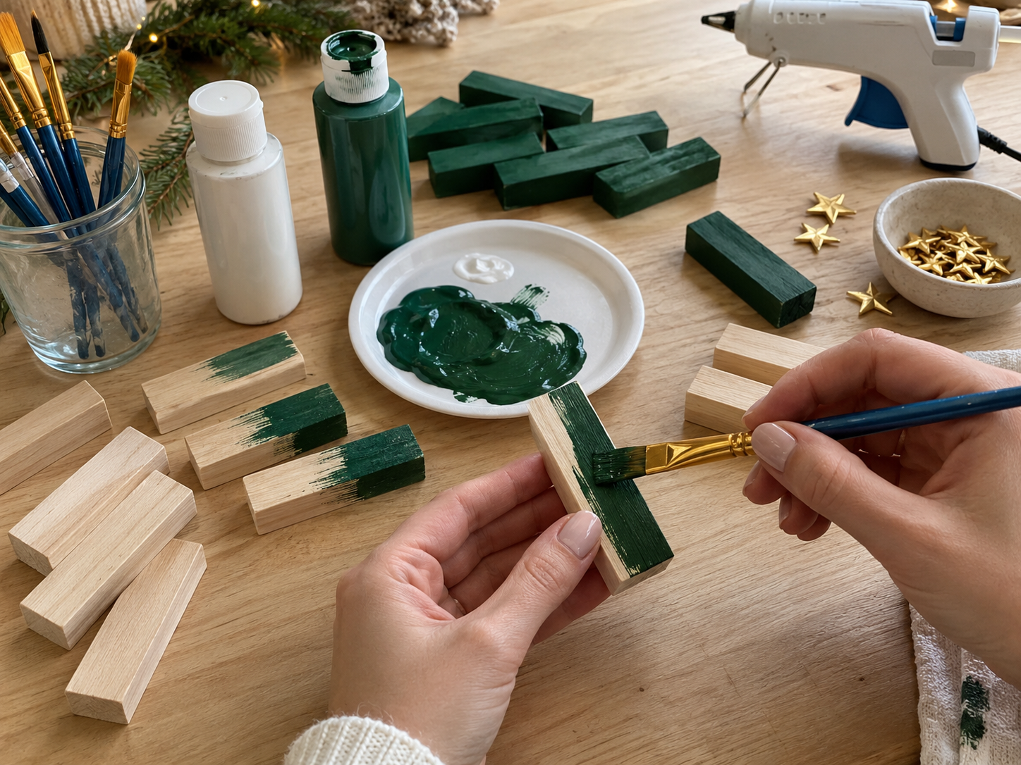 DIY Mini Jenga Block Christmas Trees for a Snowy Mantel Display, step 2: Paint Blocks Forest Green