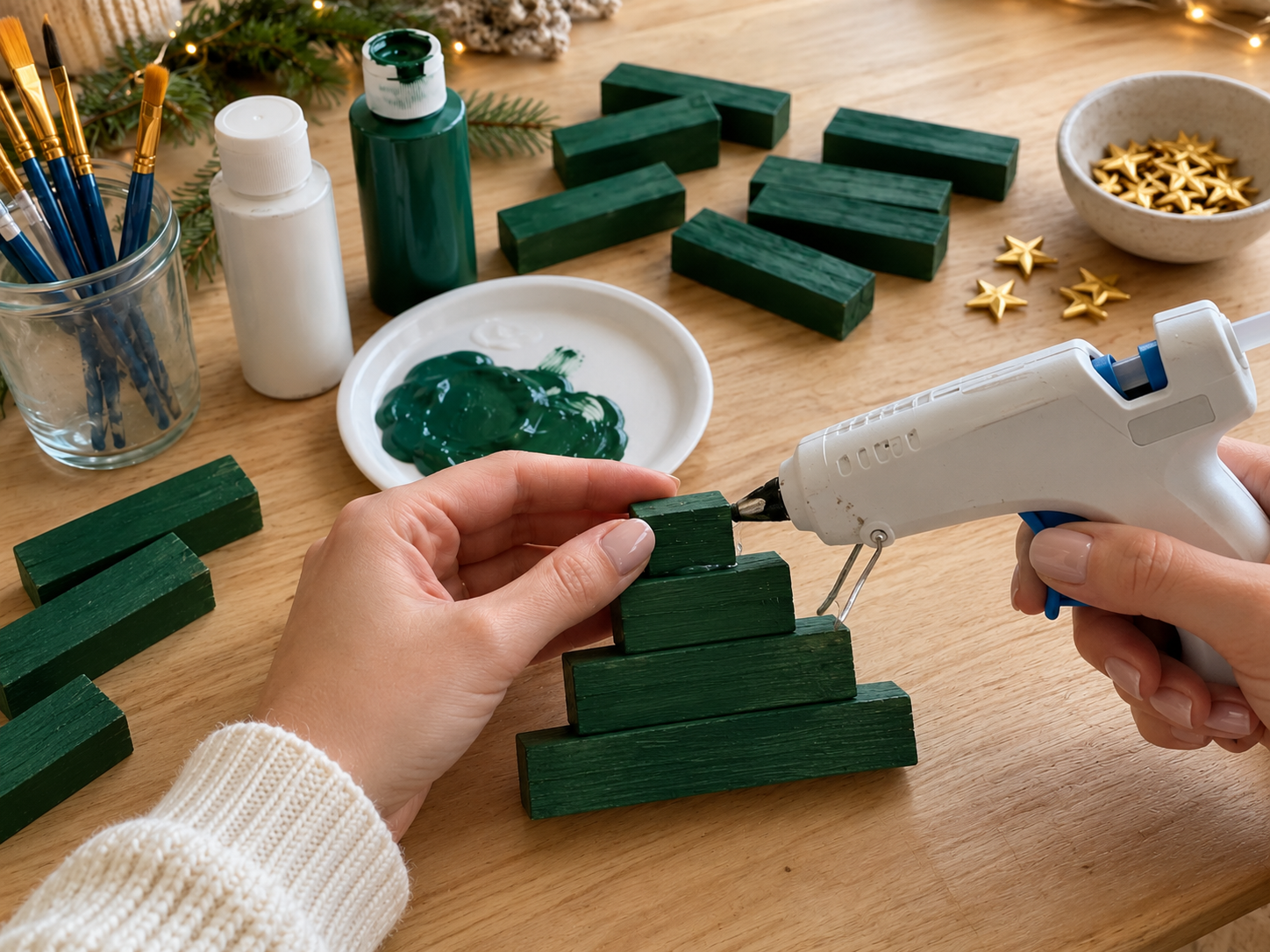 DIY Mini Jenga Block Christmas Trees for a Snowy Mantel Display, step 3: Assemble Tiered Tree Shapes