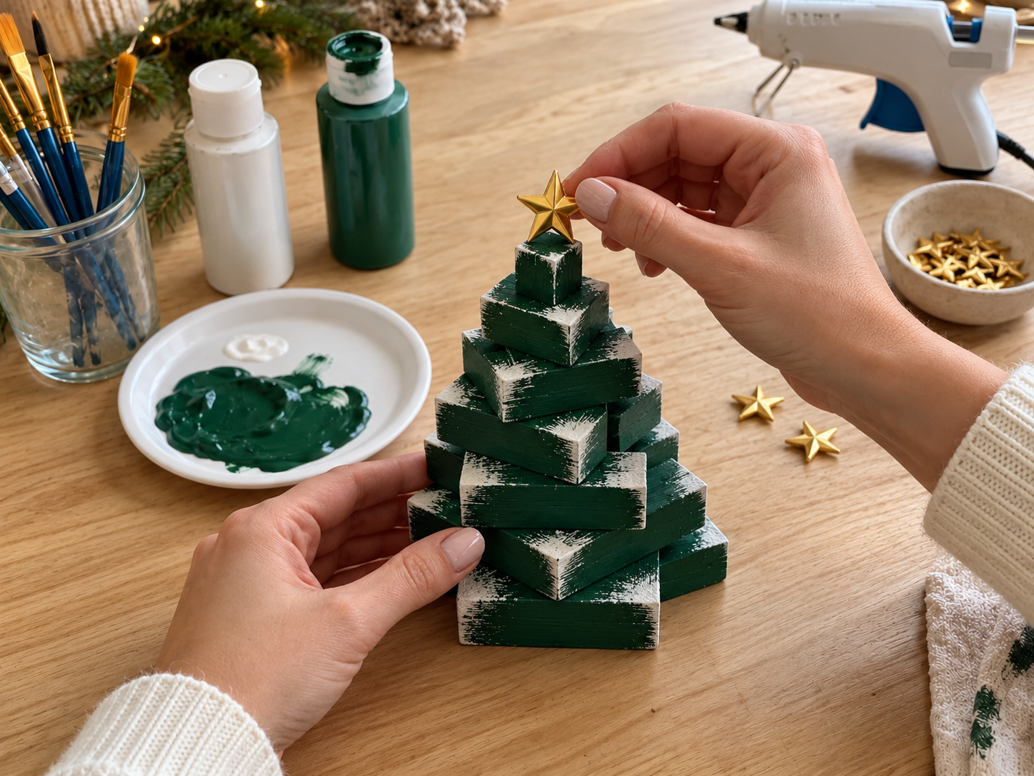 DIY Mini Jenga Block Christmas Trees for a Snowy Mantel Display, step 5: Add Gold Star Topper