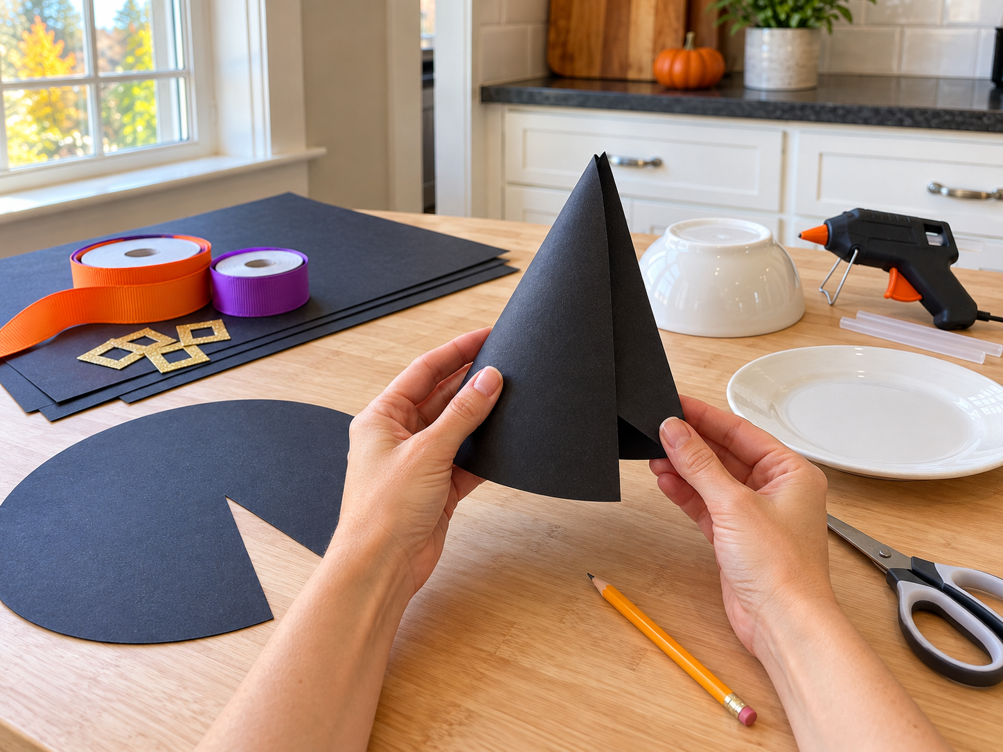DIY Mini Witch Hat Treat Cones for Halloween Table Decor, step 1: Form the Cone Base