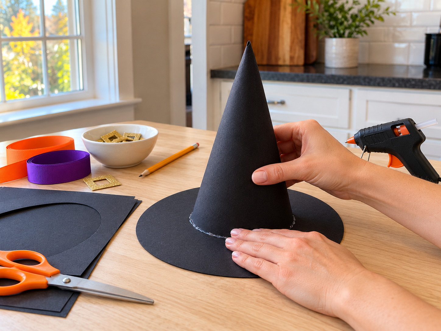 DIY Mini Witch Hat Treat Cones for Halloween Table Decor, step 3: Attach Cone to Brim