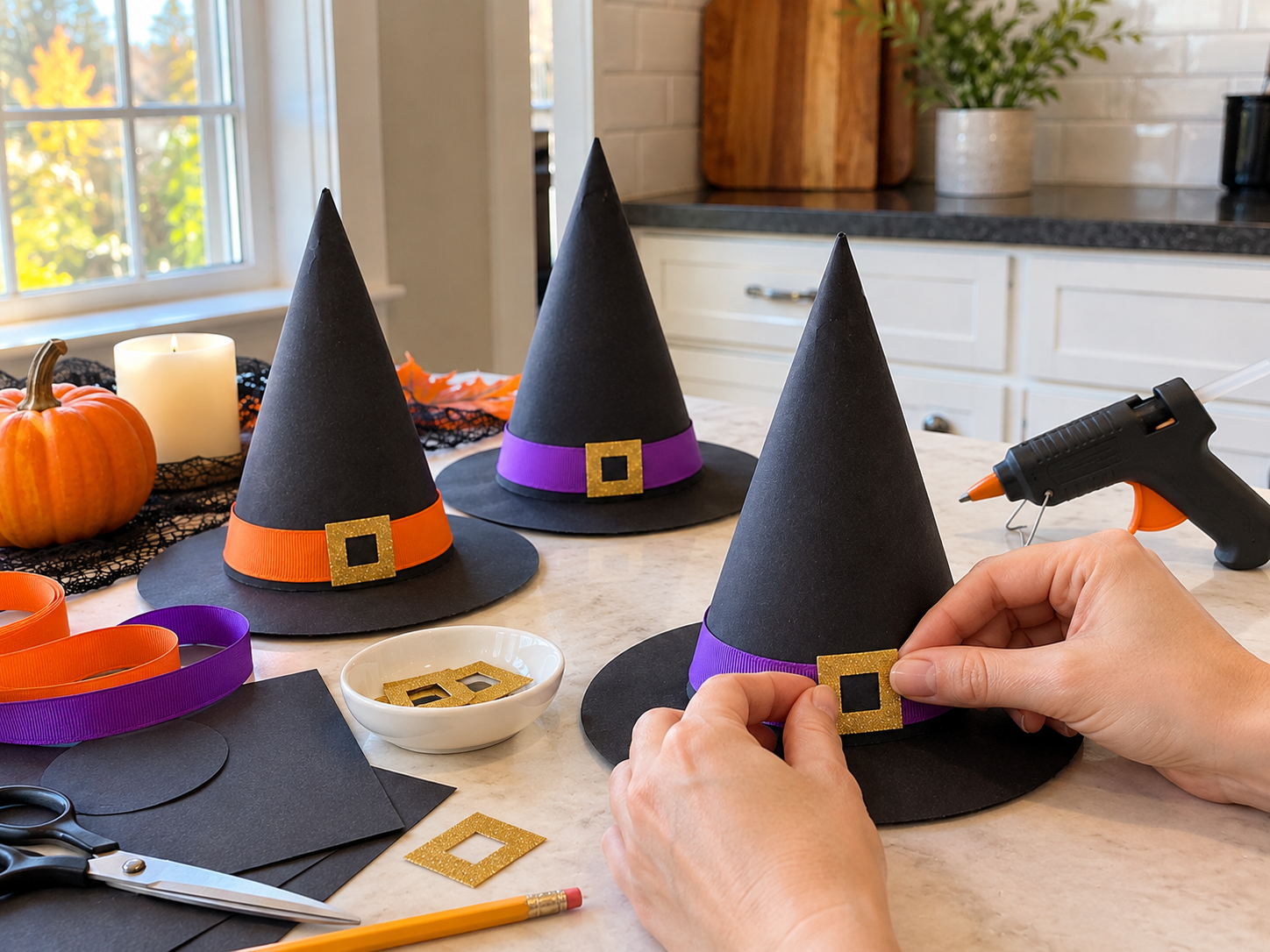 DIY Mini Witch Hat Treat Cones for Halloween Table Decor, step 5: Attach Glitter Buckle