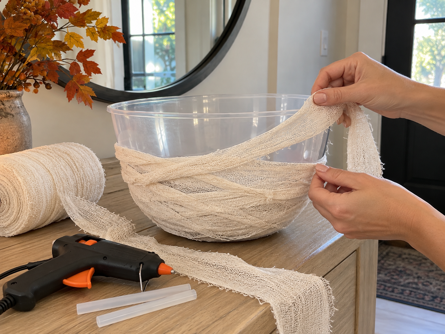 DIY Mummy Candy Bowl for Halloween Entryway or Party Decor, step 2: Begin Wrapping the Bowl