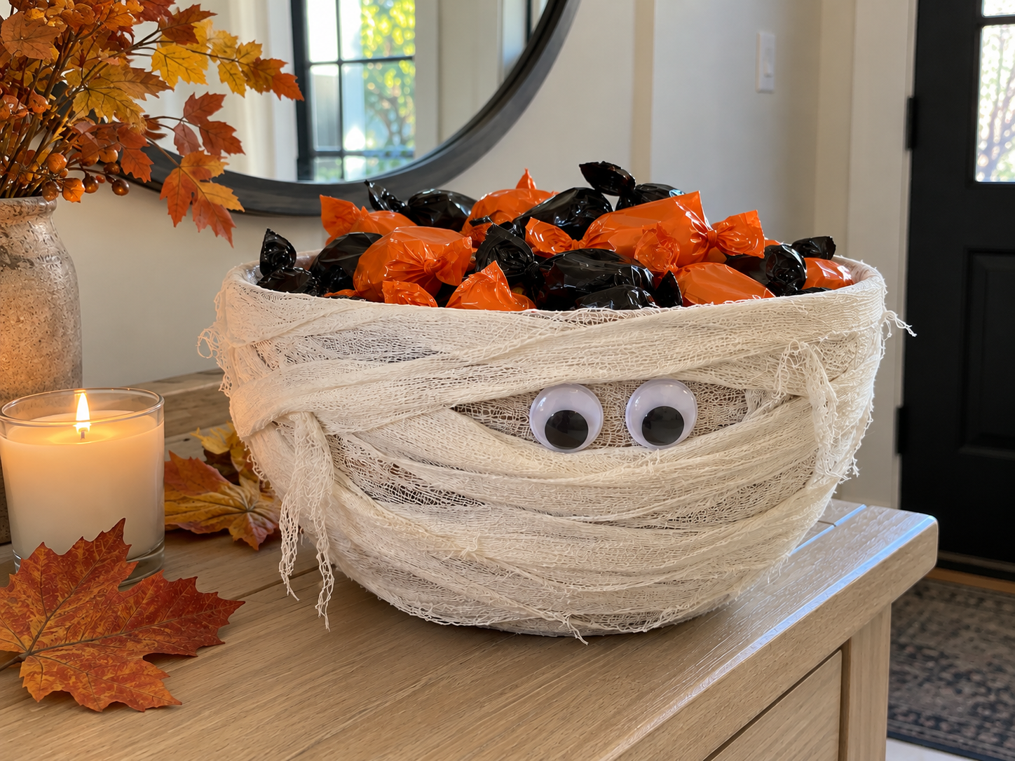DIY Mummy Candy Bowl for Halloween Entryway or Party Decor, step 5: Fill and Display