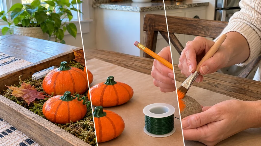DIY Painted River Rock Pumpkins for Rustic Fall Tabletop Decor