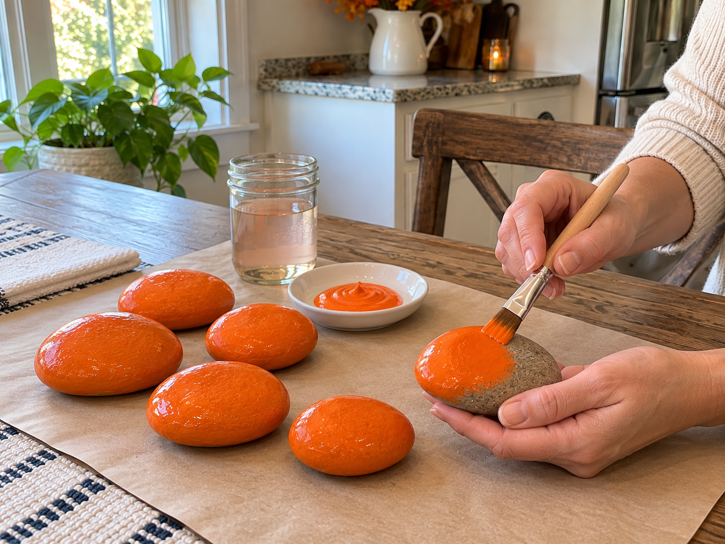 DIY Painted River Rock Pumpkins for Rustic Fall Tabletop Decor, step 2: Apply Orange Base Coat