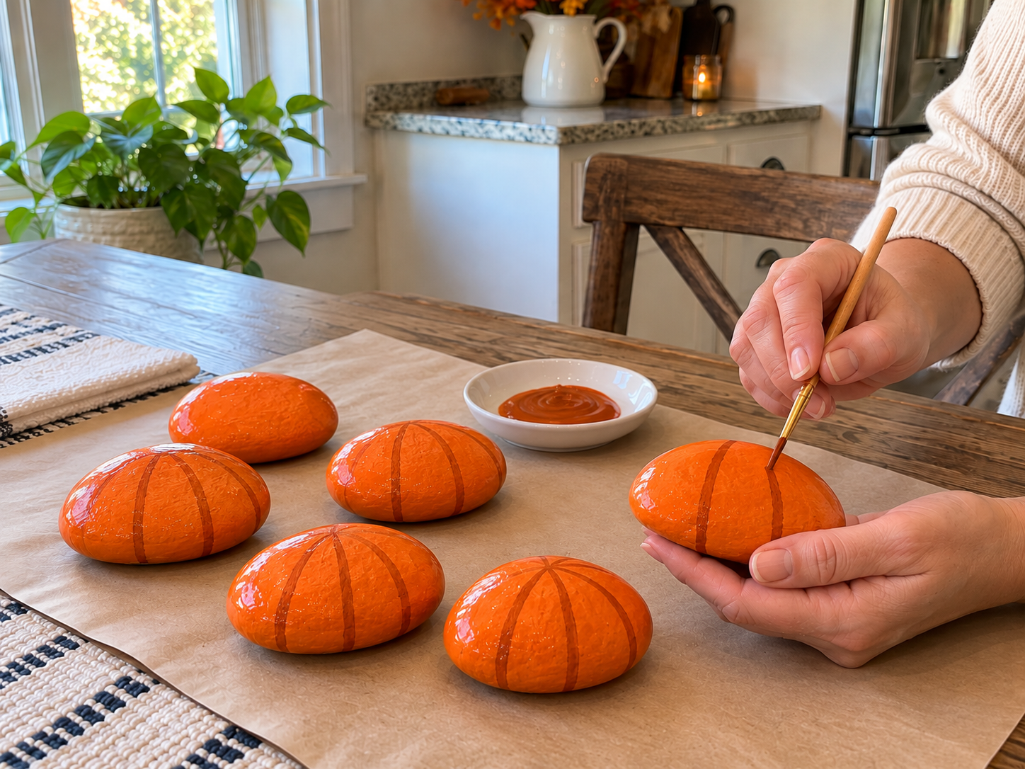 DIY Painted River Rock Pumpkins for Rustic Fall Tabletop Decor, step 3: Detail Pumpkin Ridges