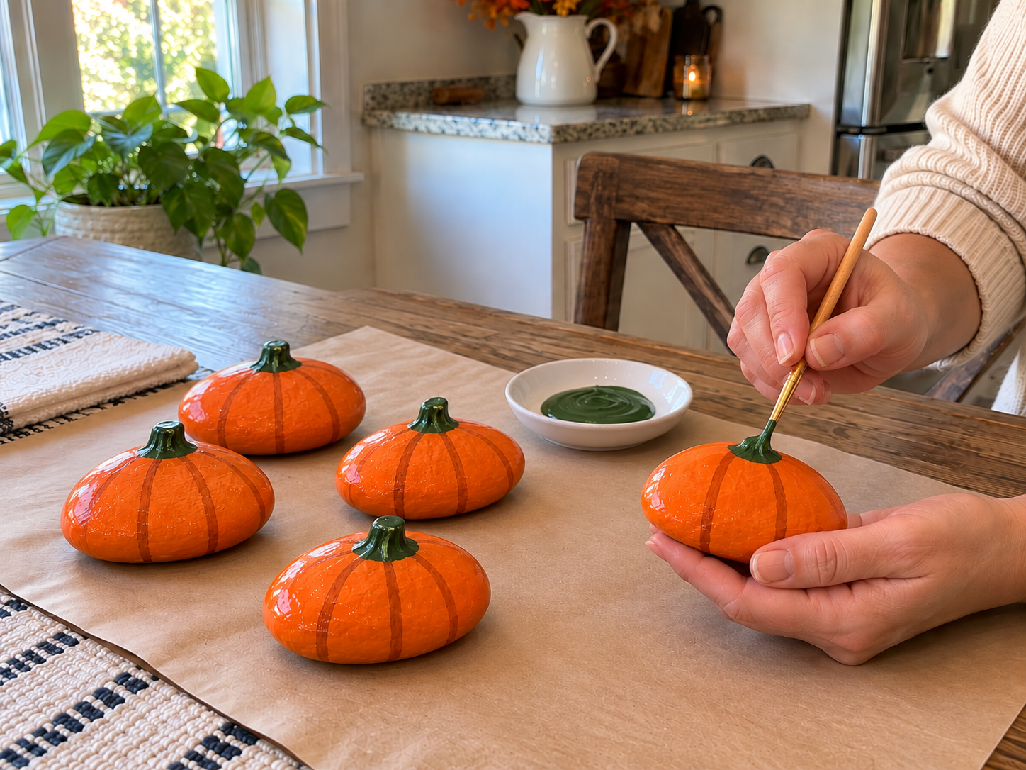 DIY Painted River Rock Pumpkins for Rustic Fall Tabletop Decor, step 4: Paint Green Stems