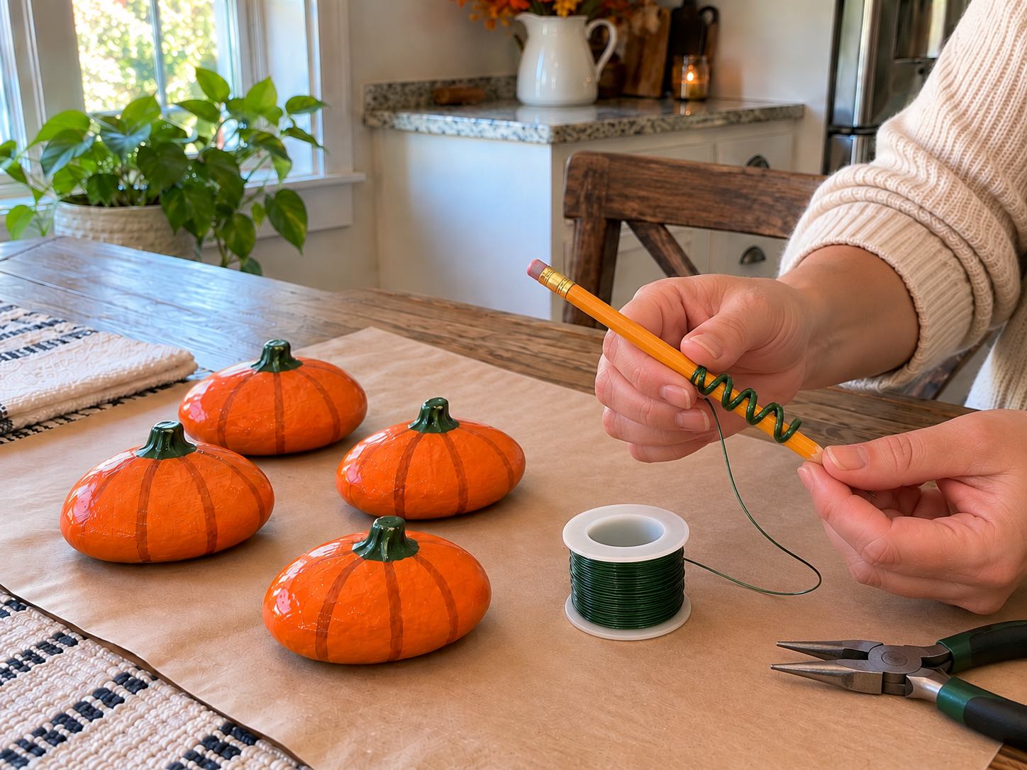 DIY Painted River Rock Pumpkins for Rustic Fall Tabletop Decor, step 5: Form Curly Wire Vines