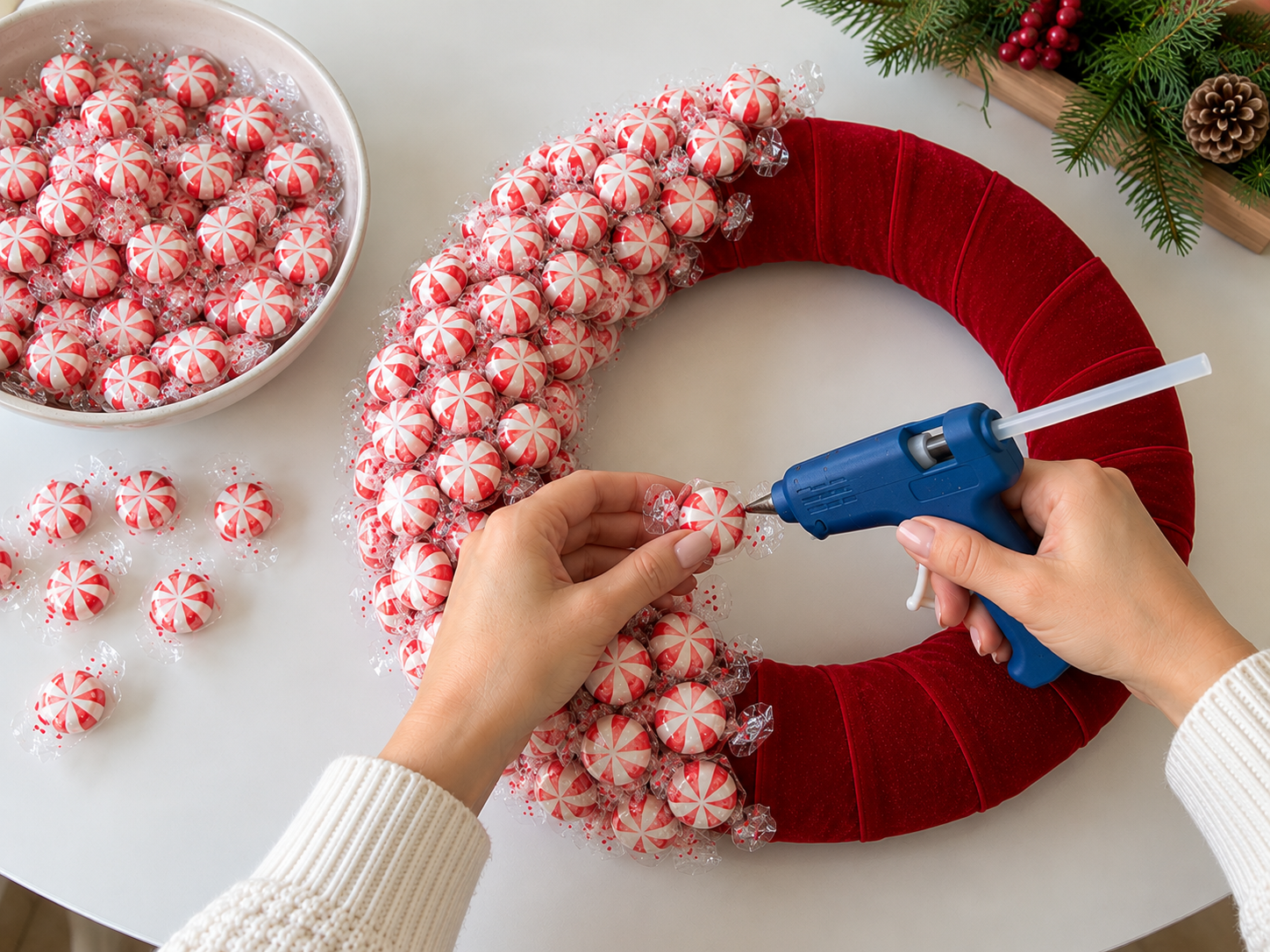 DIY Peppermint Candy Christmas Wreath for Festive Holiday Door Decor, step 3: Begin Attaching Candies to the Wreath