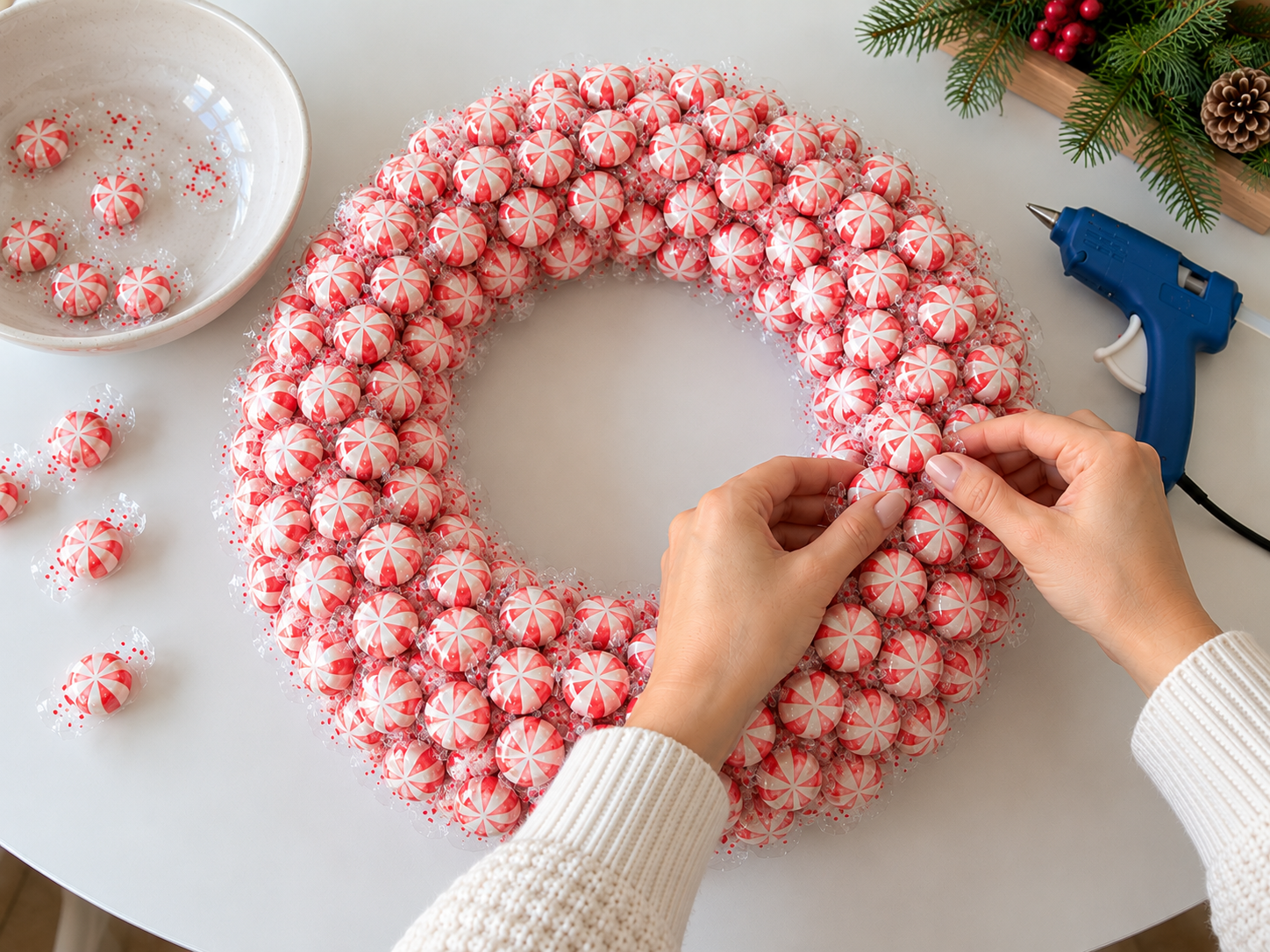 DIY Peppermint Candy Christmas Wreath for Festive Holiday Door Decor, step 4: Complete Full Coverage of Candies