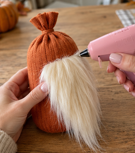DIY Pilgrim Gnome Craft for Thanksgiving Mantel Decor, step 2: Attach the Beard and Nose