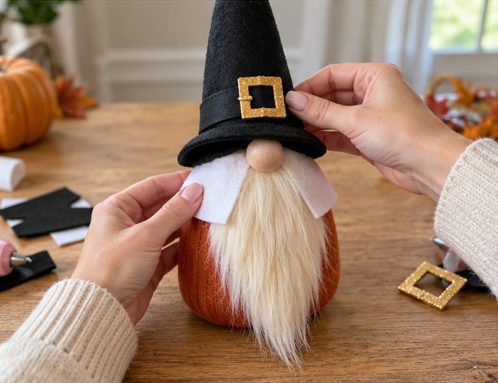 DIY Pilgrim Gnome Craft for Thanksgiving Mantel Decor, step 4: Add the Collar and Hat Buckle