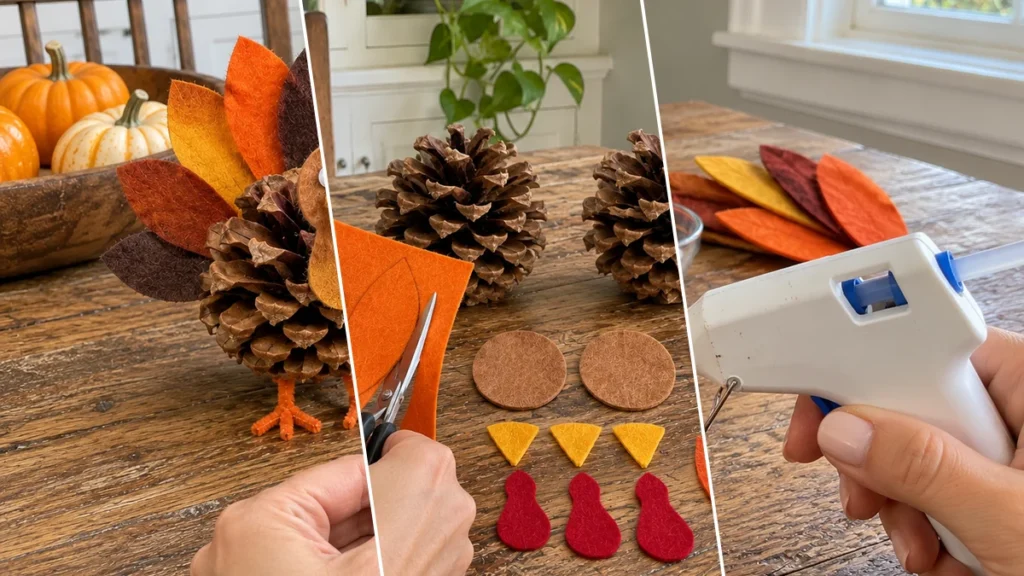 DIY Pinecone and Felt Turkeys for Thanksgiving Table or Fall Decor