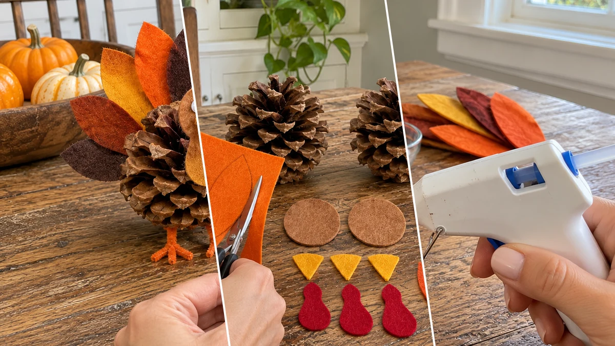 DIY Pinecone and Felt Turkeys for Thanksgiving Table or Fall Decor, DIY Holiday & Seasonal craft tutorial for Thanksgiving