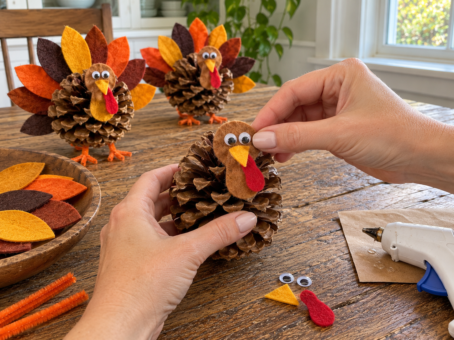 DIY Pinecone and Felt Turkeys for Thanksgiving Table or Fall Decor, step 3: Attach Head to Pinecone