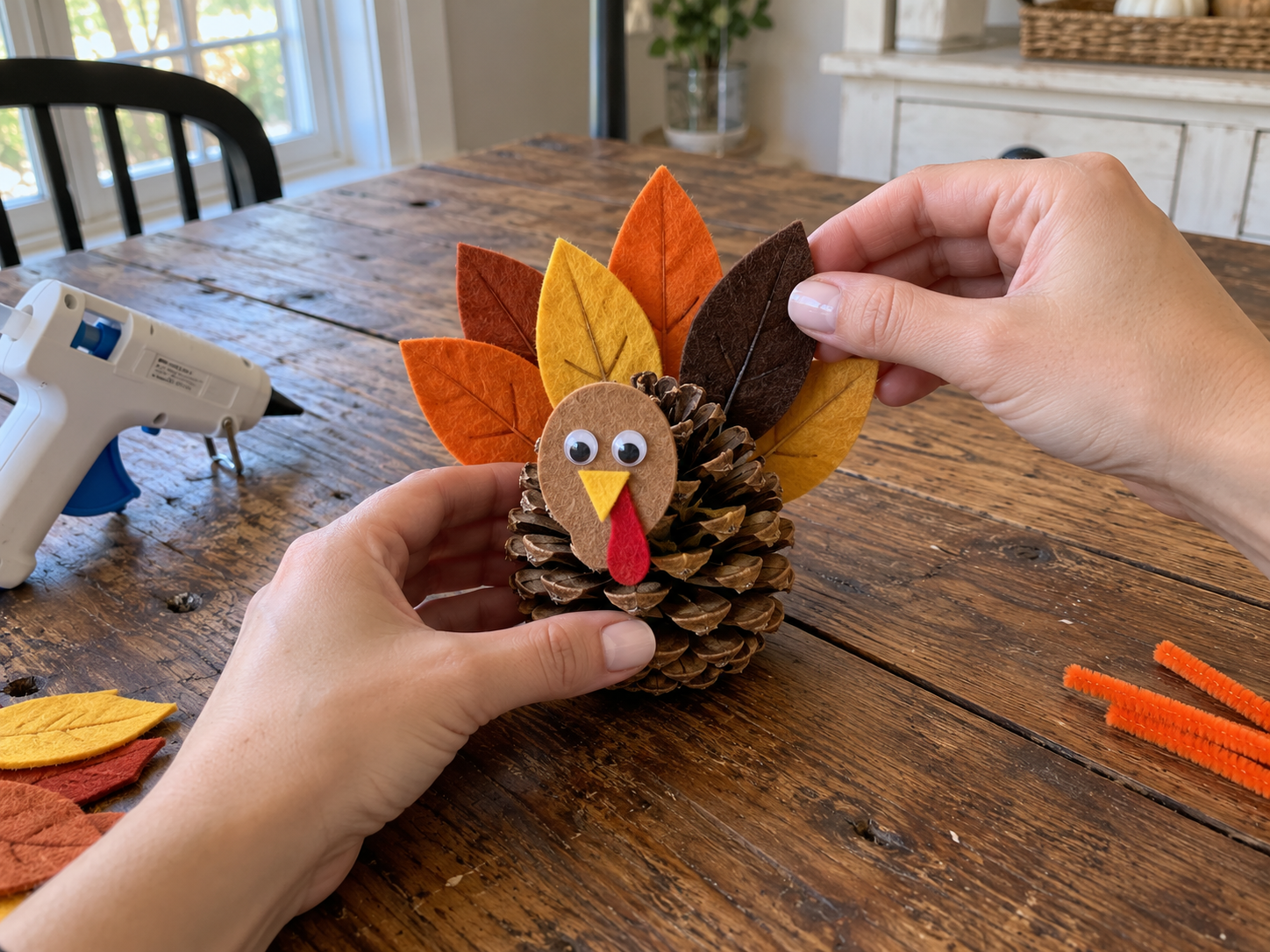DIY Pinecone and Felt Turkeys for Thanksgiving Table or Fall Decor, step 4: Glue Feather Tail