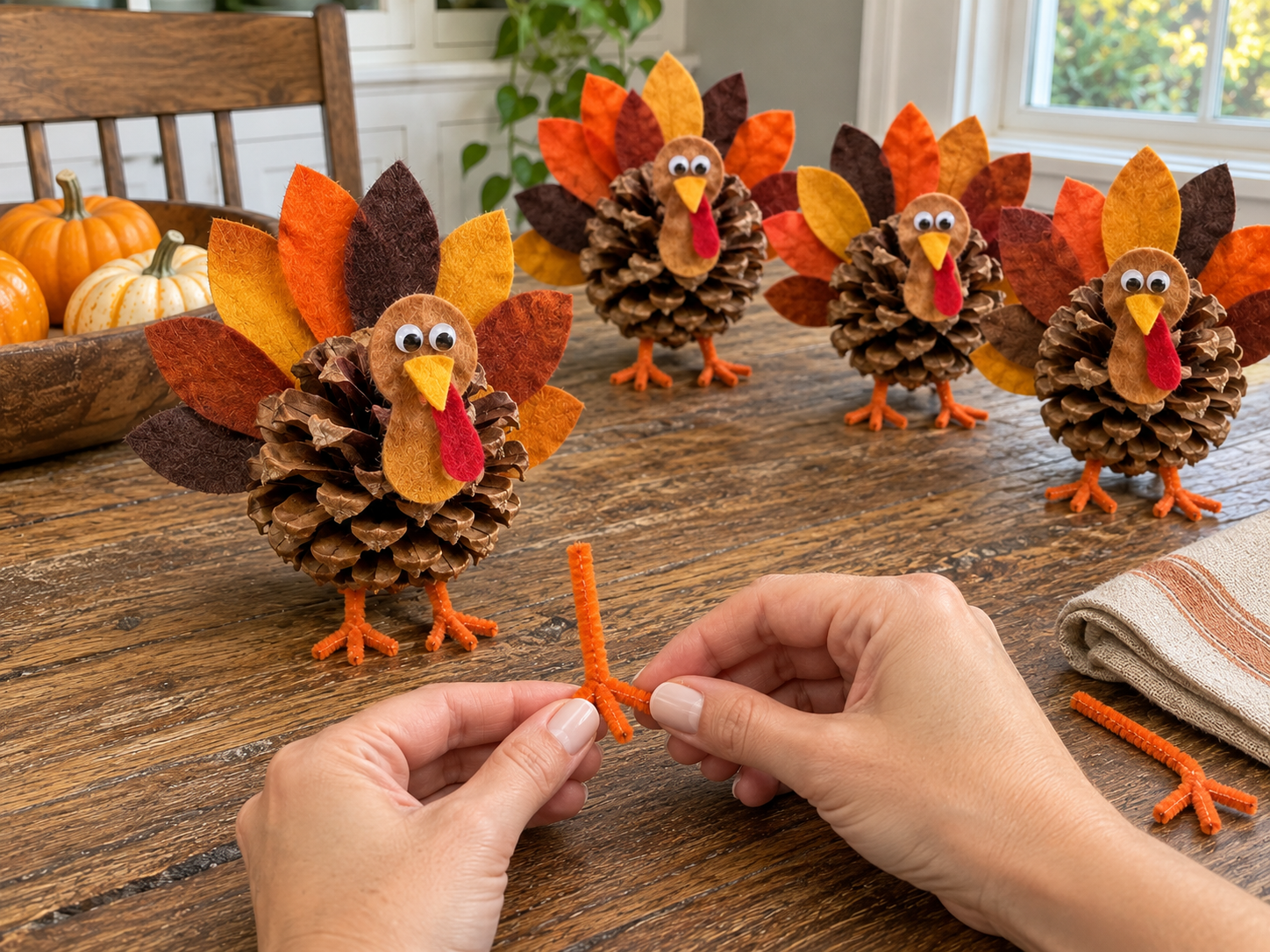 DIY Pinecone and Felt Turkeys for Thanksgiving Table or Fall Decor, step 5: Form and Add Legs