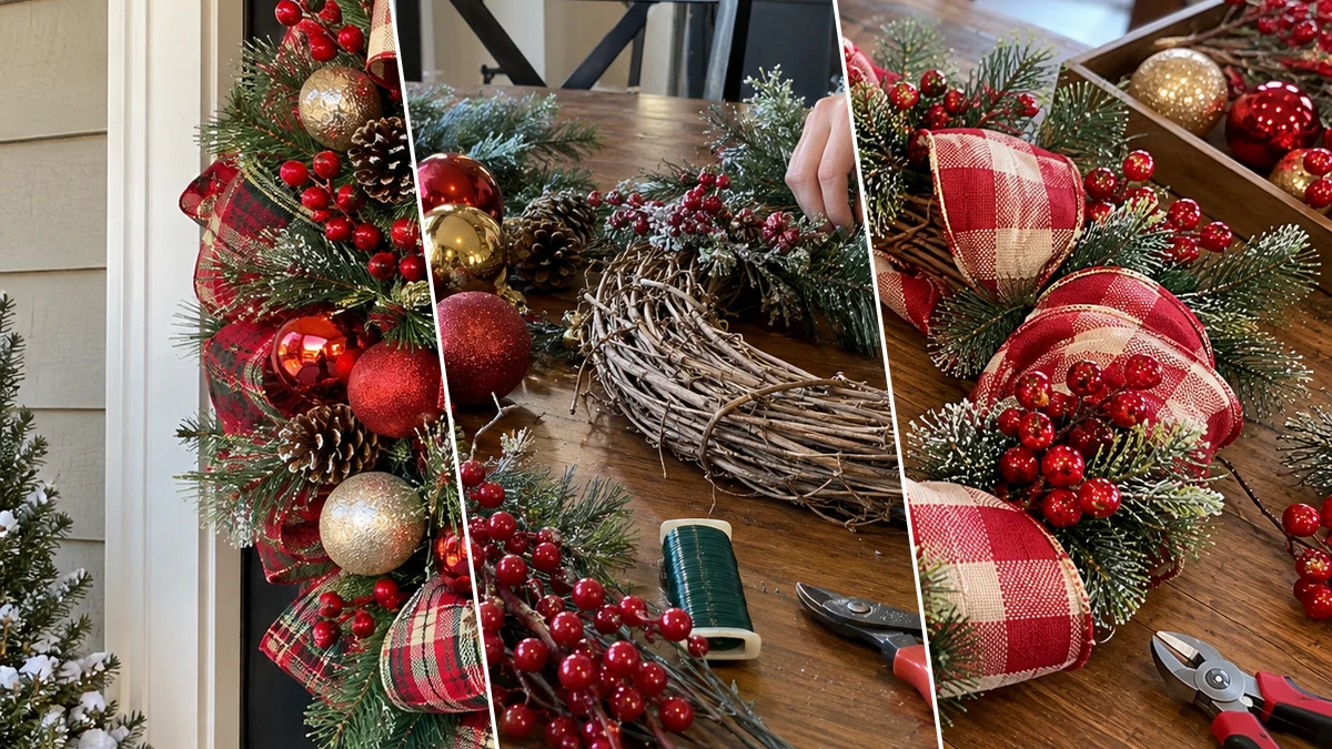 DIY Plaid Ribbon Grapevine Christmas Wreath for a Festive Front Door, DIY Holiday & Seasonal craft tutorial for Christmas