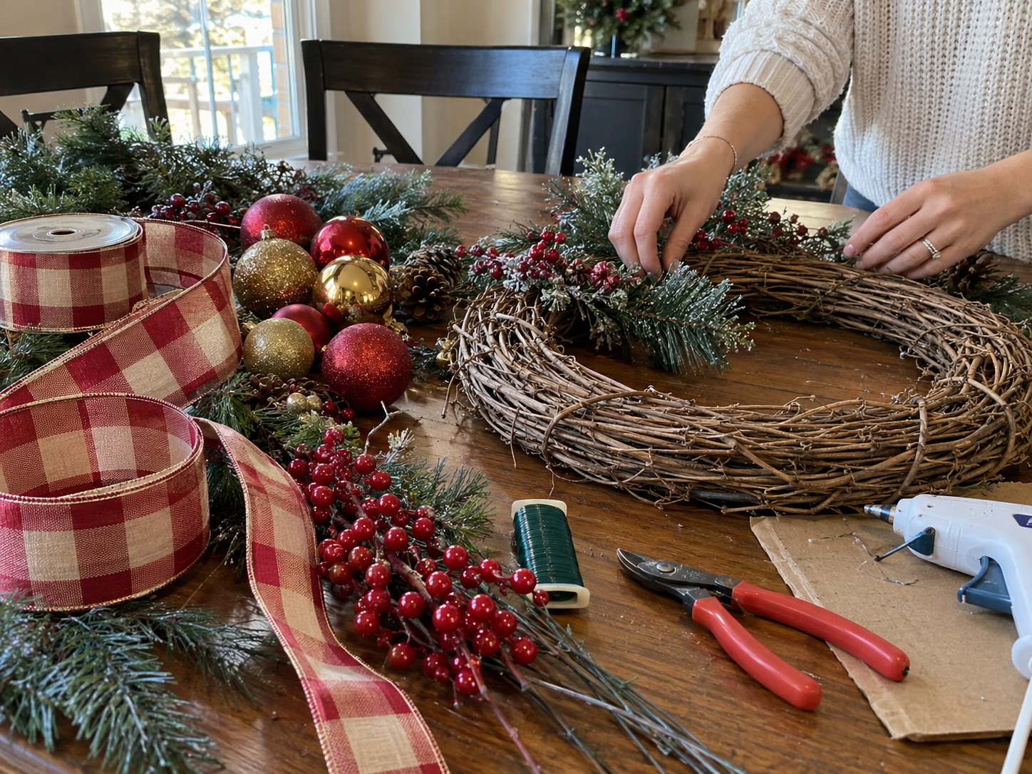 DIY Plaid Ribbon Grapevine Christmas Wreath for a Festive Front Door, step 4: Create and Shape the Bow