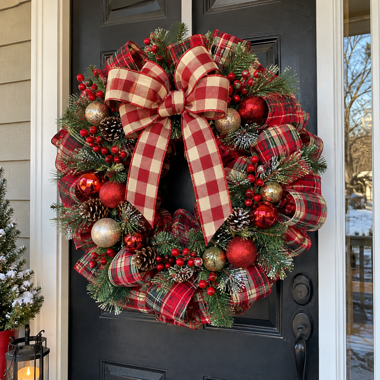 DIY Plaid Ribbon Grapevine Christmas Wreath for a Festive Front Door, step 6: Final Styling and Hanging