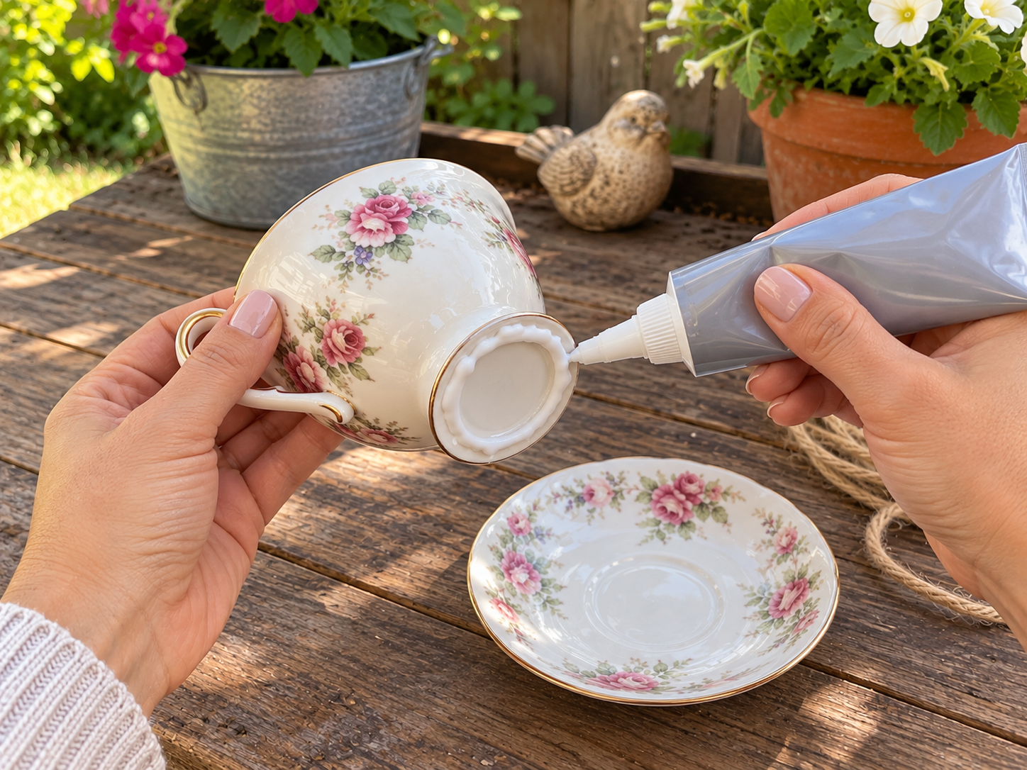 DIY Repurposed Teacup and Saucer Bird Feeder for Garden Decor, step 3: Glue Teacup to Saucer