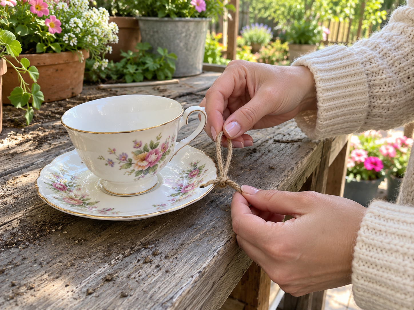 DIY Repurposed Teacup and Saucer Bird Feeder for Garden Decor, step 4: Attach Rope Hanger