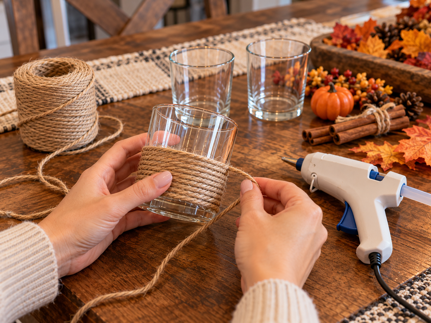 DIY Rustic Fall Votive Candle Centerpiece for Thanksgiving Table Decor, step 1: Wrap Votive Holders with Twine