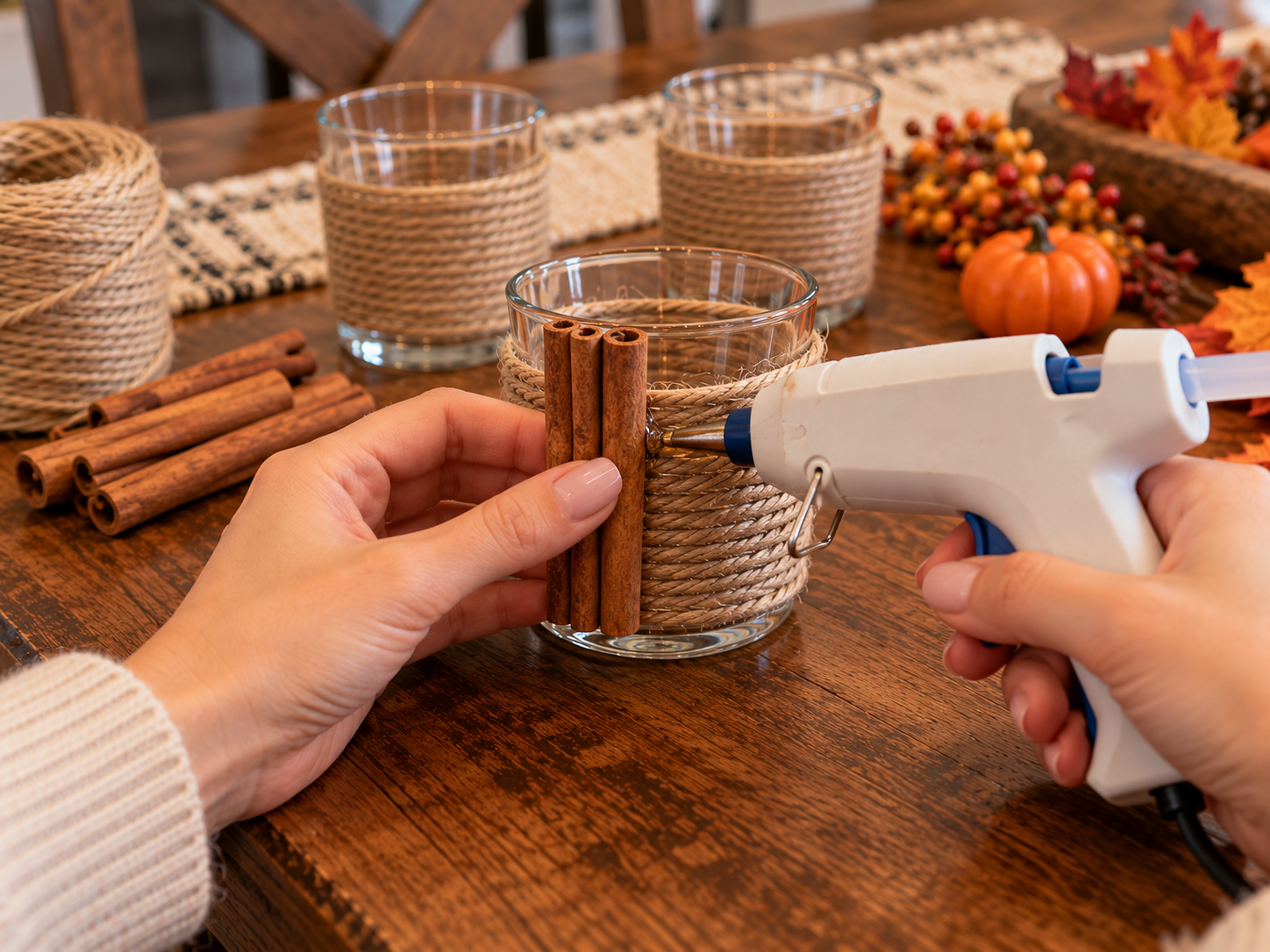 DIY Rustic Fall Votive Candle Centerpiece for Thanksgiving Table Decor, step 2: Attach Cinnamon Sticks