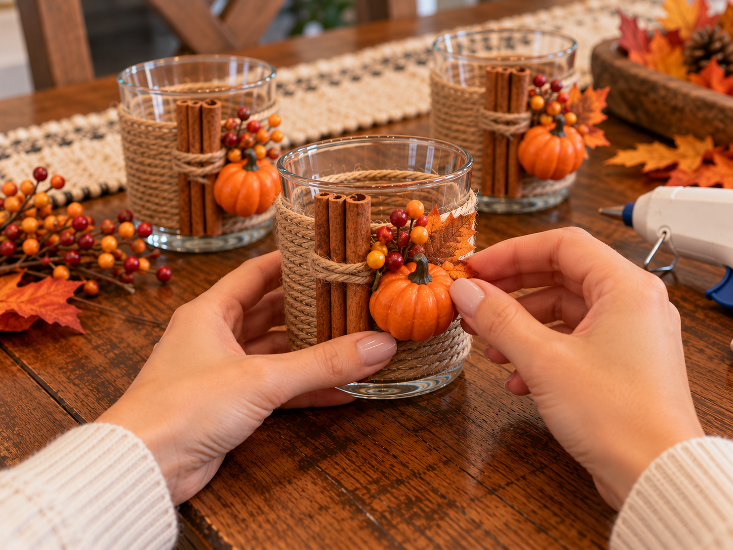 DIY Rustic Fall Votive Candle Centerpiece for Thanksgiving Table Decor, step 3: Embellish with Fall Miniatures