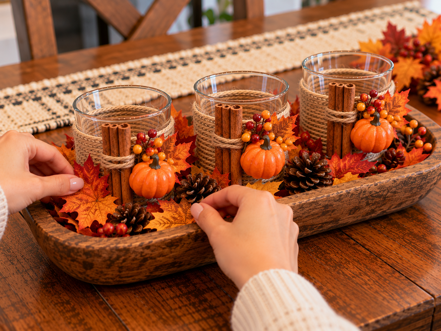 DIY Rustic Fall Votive Candle Centerpiece for Thanksgiving Table Decor, step 4: Arrange Centerpiece Tray