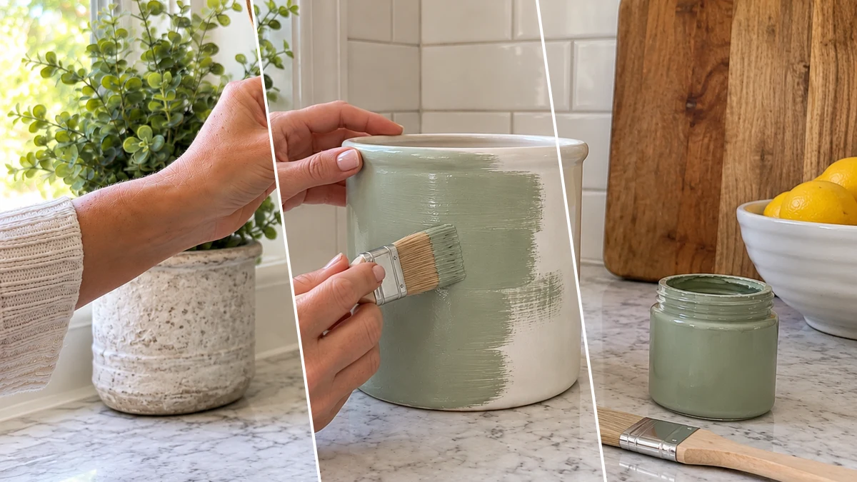 DIY Sage Green Utensil Crock with Twine Wrap for Farmhouse Kitchens, DIY Home Decor craft tutorial for Farmhouse / Rustic