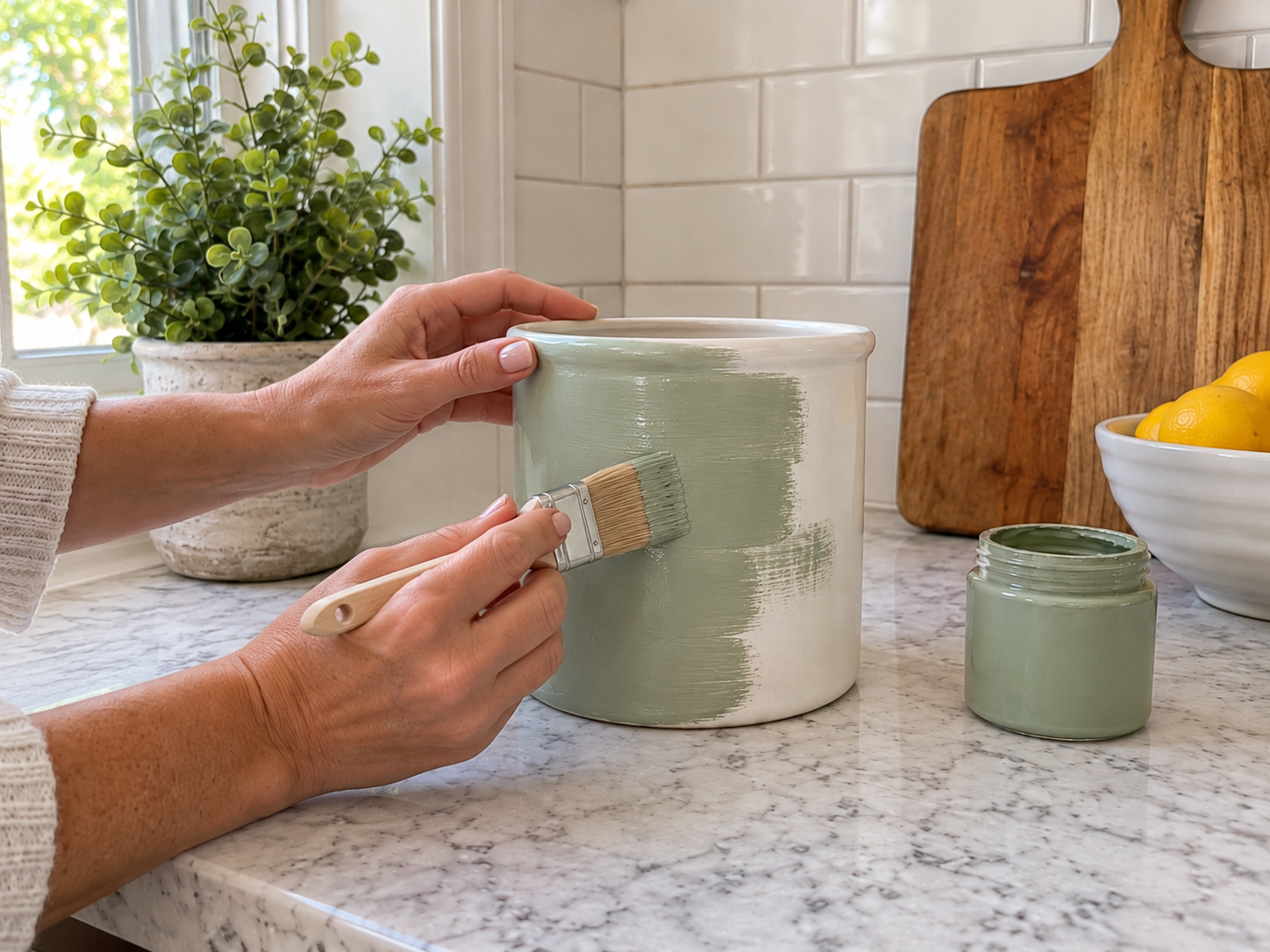 DIY Sage Green Utensil Crock with Twine Wrap for Farmhouse Kitchens, step 2: Apply First Coat of Paint