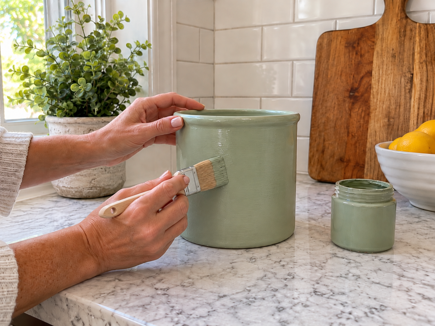 DIY Sage Green Utensil Crock with Twine Wrap for Farmhouse Kitchens, step 3: Add the Second Paint Coat