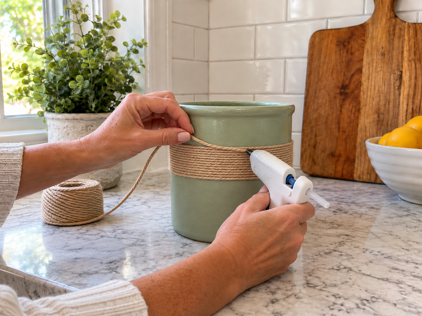 DIY Sage Green Utensil Crock with Twine Wrap for Farmhouse Kitchens, step 4: Wrap and Secure Twine