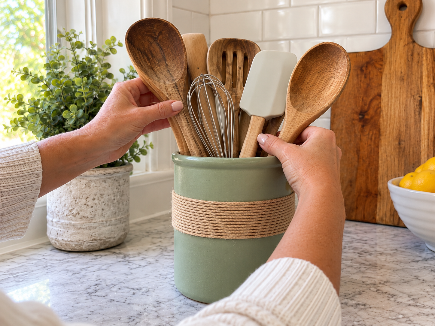 DIY Sage Green Utensil Crock with Twine Wrap for Farmhouse Kitchens, step 5: Style with Kitchen Utensils