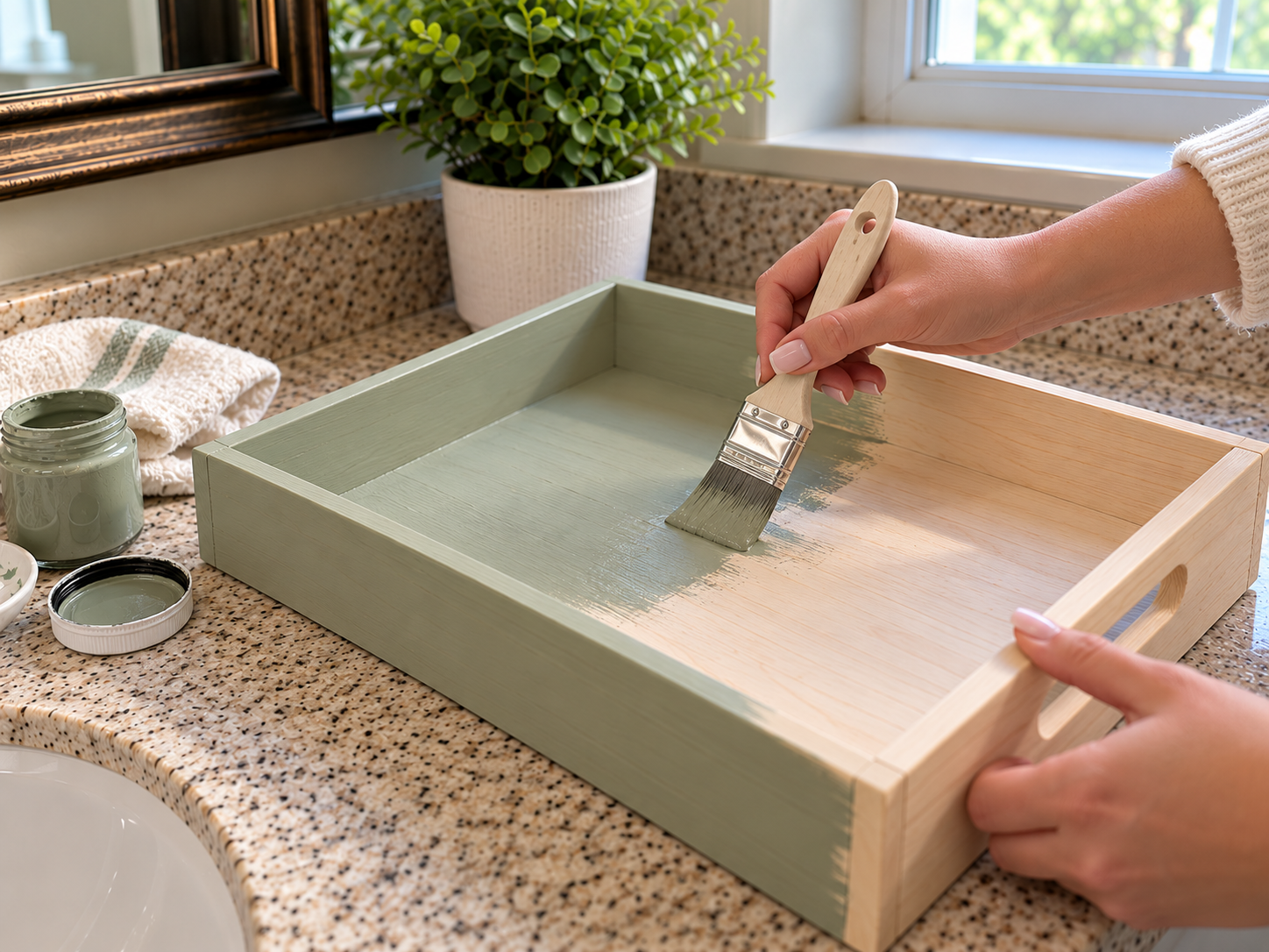 DIY Sage Green Wooden Tray Organizer for a Bathroom Vanity, step 2: Apply the First Paint Coat