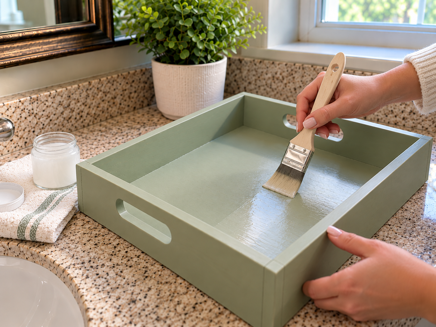 DIY Sage Green Wooden Tray Organizer for a Bathroom Vanity, step 4: Protect with Clear Sealer