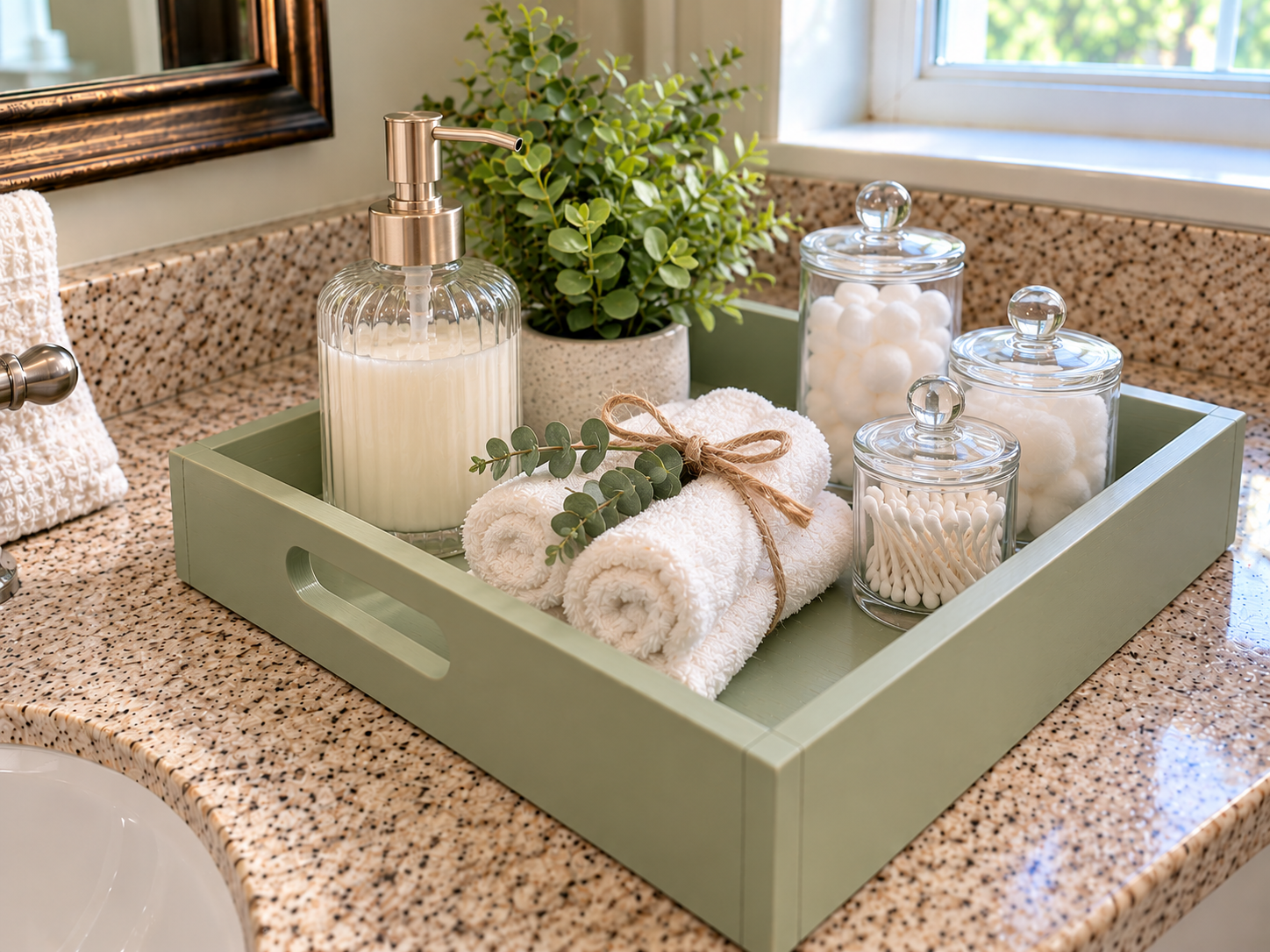 DIY Sage Green Wooden Tray Organizer for a Bathroom Vanity, step 5: Style Your Bathroom Organizer
