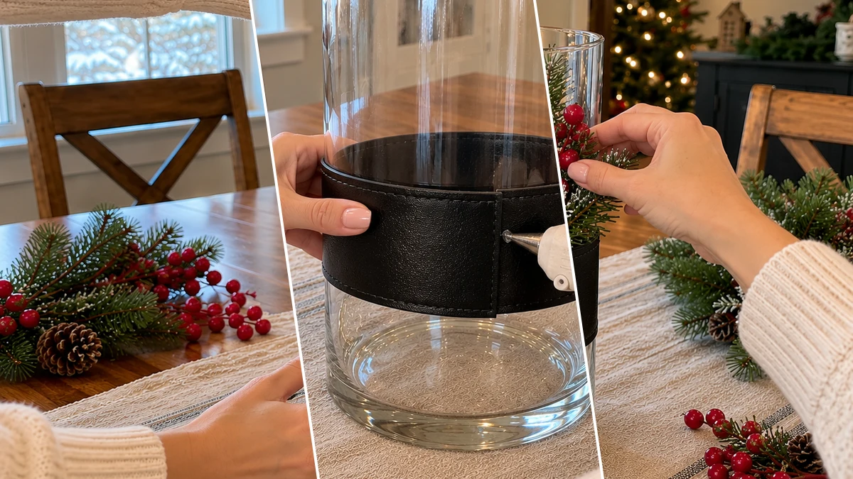 DIY Santa Belt Hurricane Lantern Centerpiece for Christmas Table Decor, DIY Holiday & Seasonal craft tutorial for Christmas