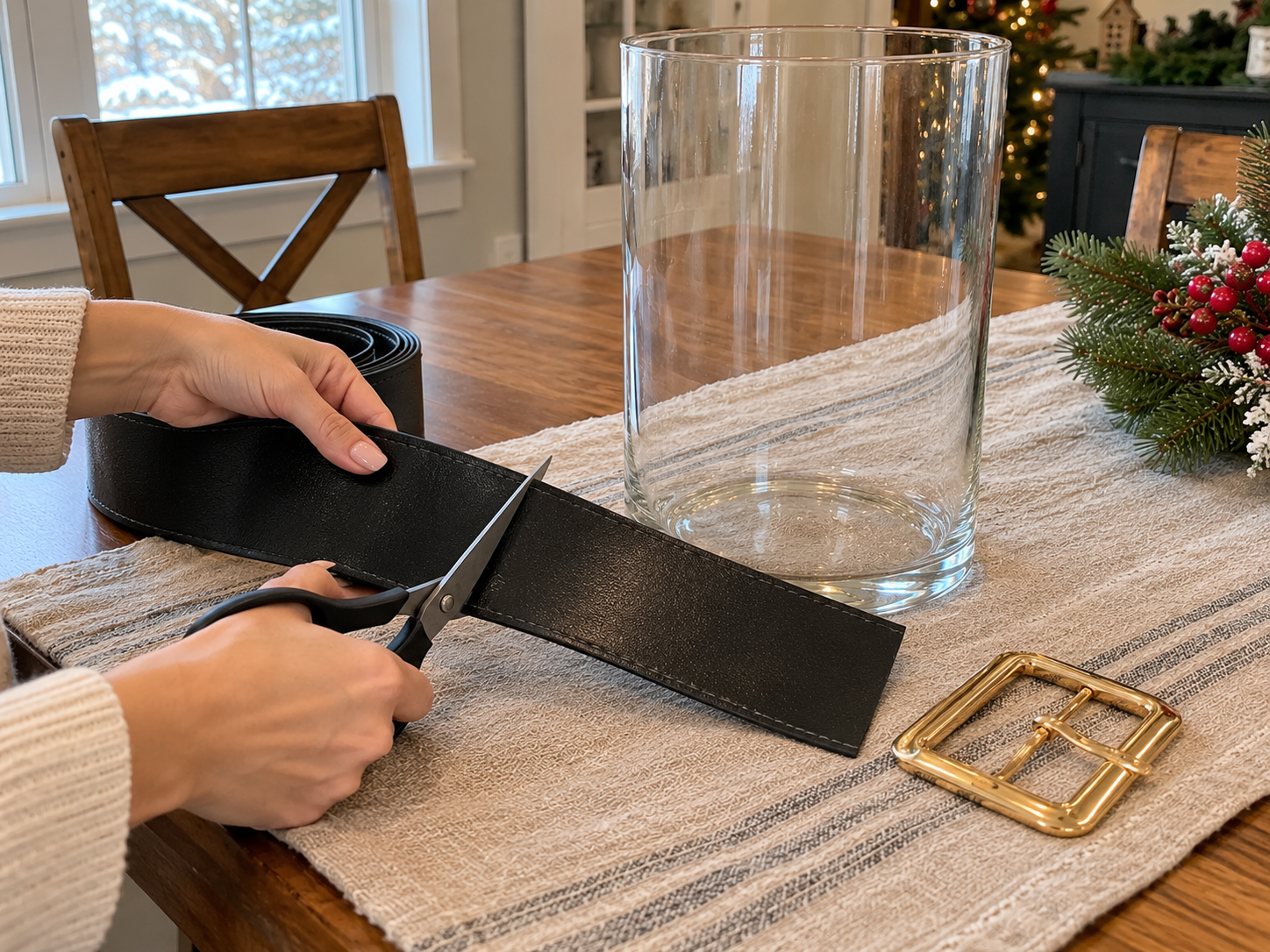 DIY Santa Belt Hurricane Lantern Centerpiece for Christmas Table Decor, step 1: Measure and Cut Belt Strip