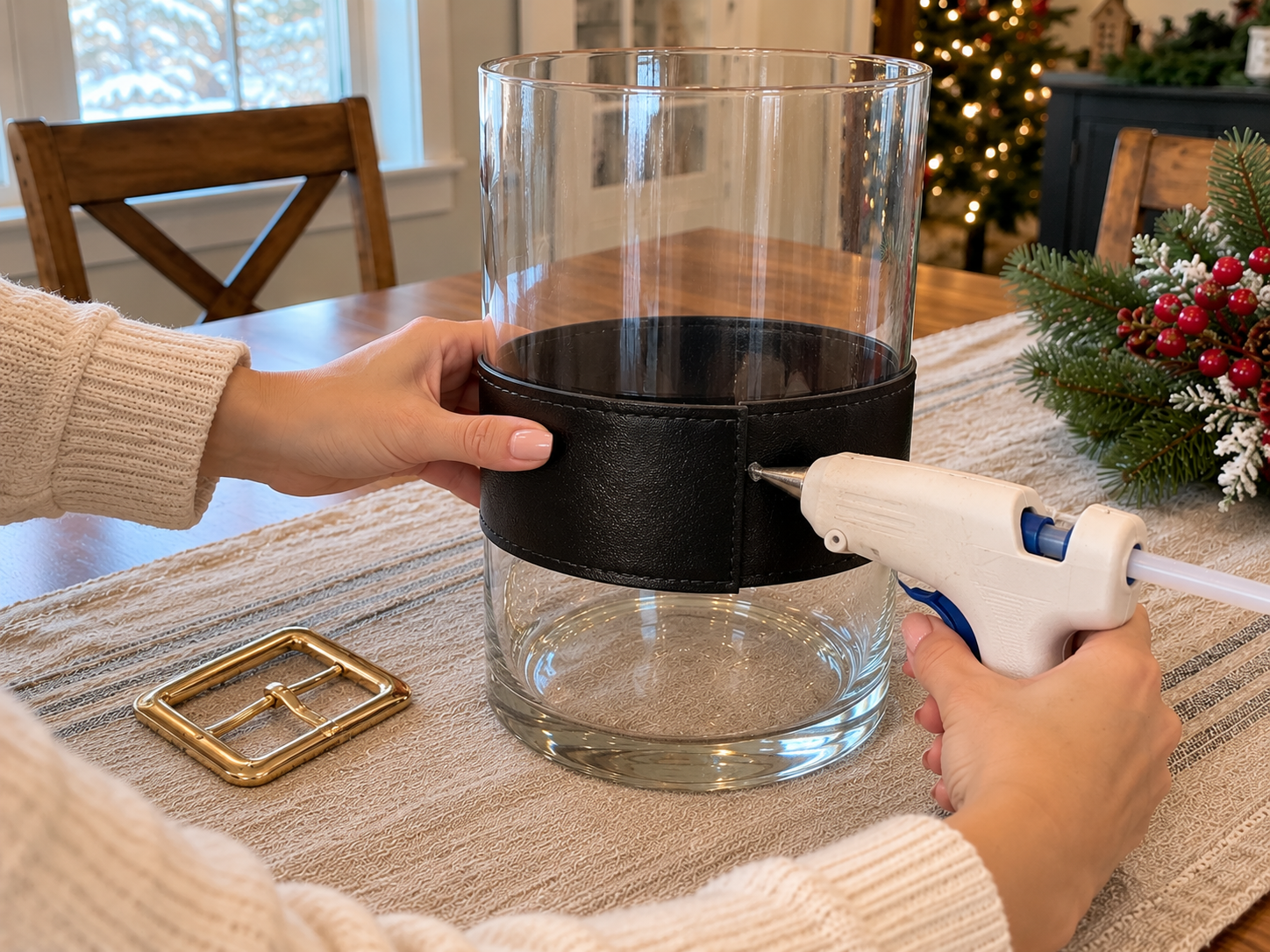 DIY Santa Belt Hurricane Lantern Centerpiece for Christmas Table Decor, step 2: Attach Belt to Vase
