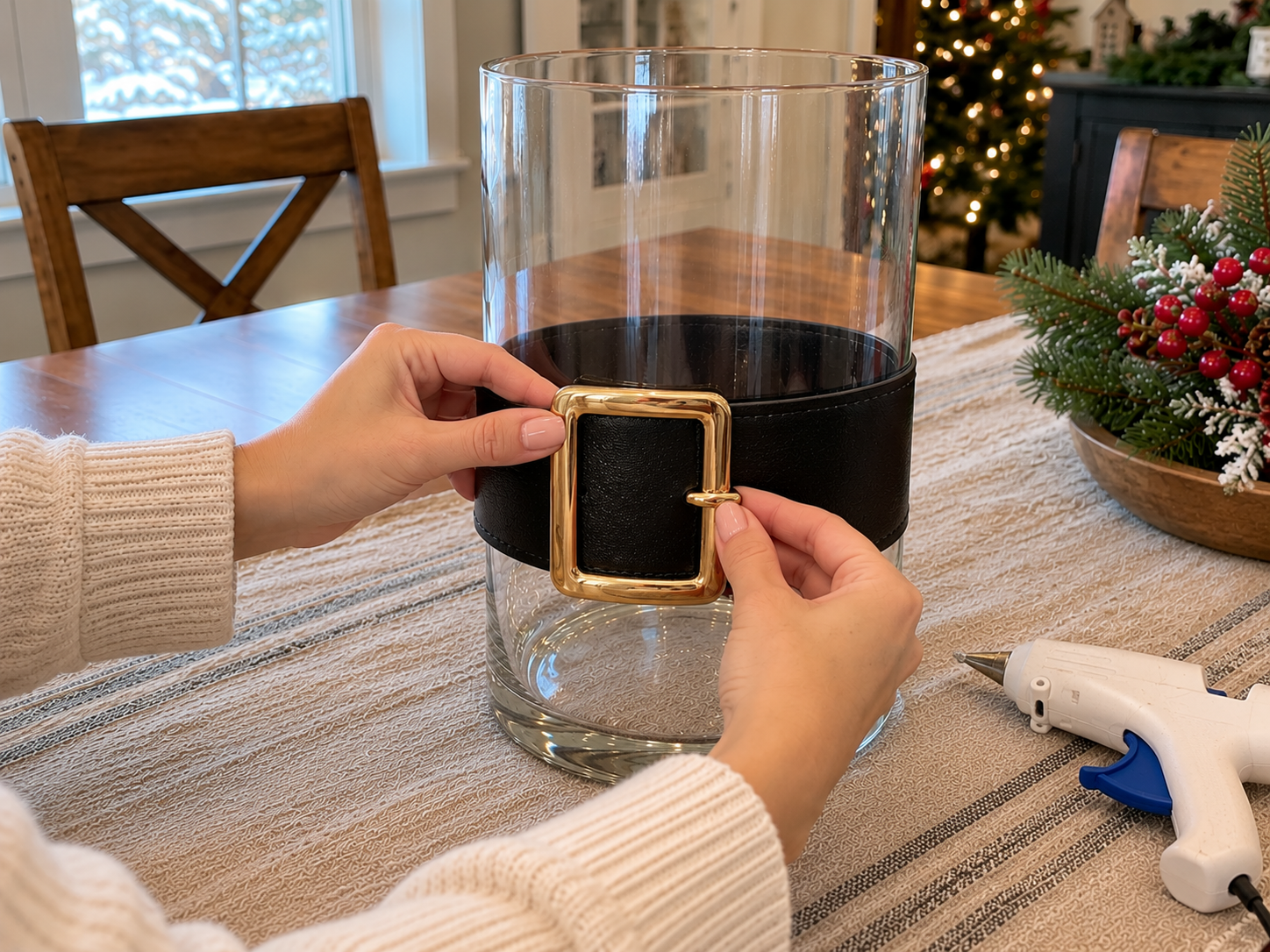 DIY Santa Belt Hurricane Lantern Centerpiece for Christmas Table Decor, step 3: Glue Gold Buckle in Place